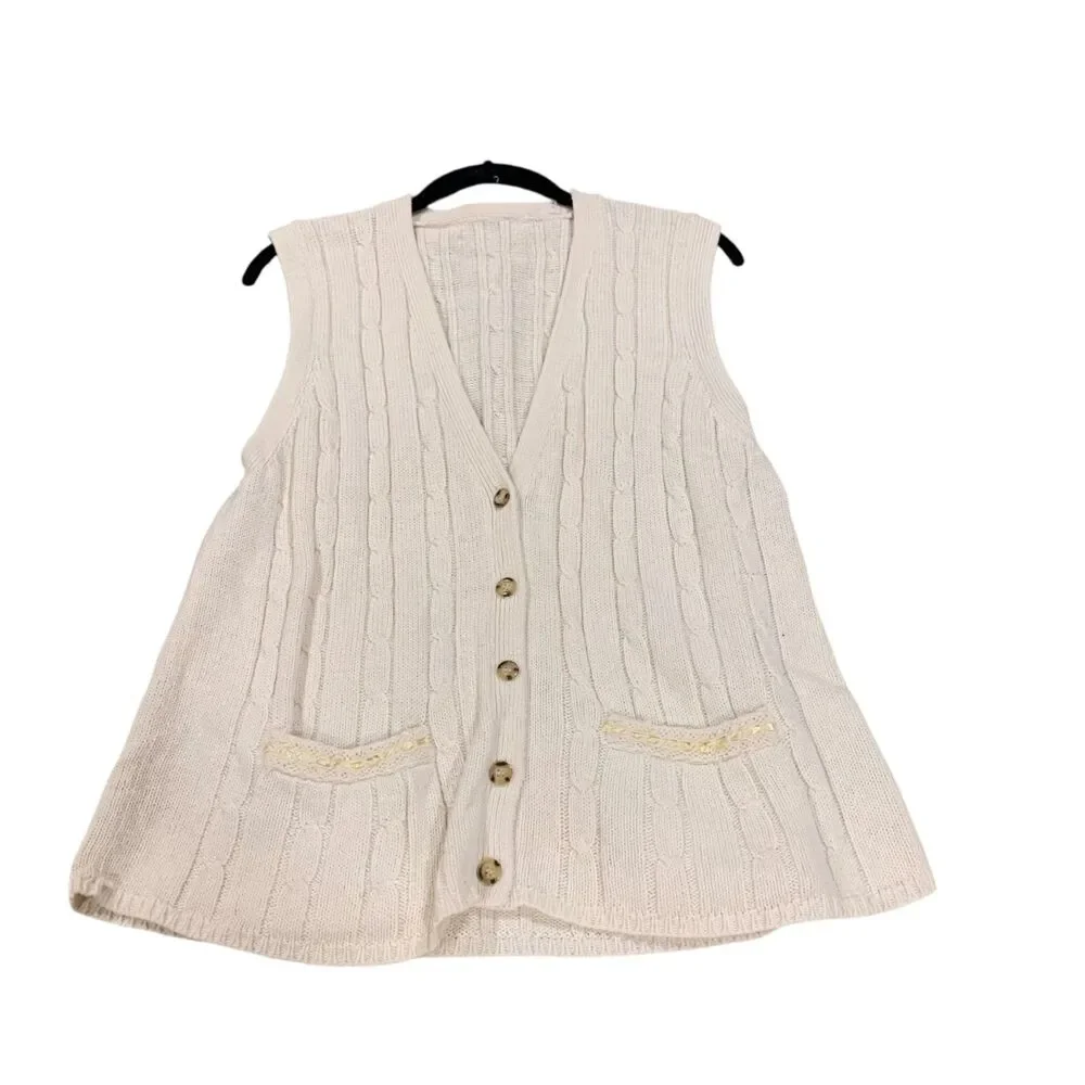 Vintage Womens Cream Cable Knit Sweater Vest L Button Front Pockets Sleeveless